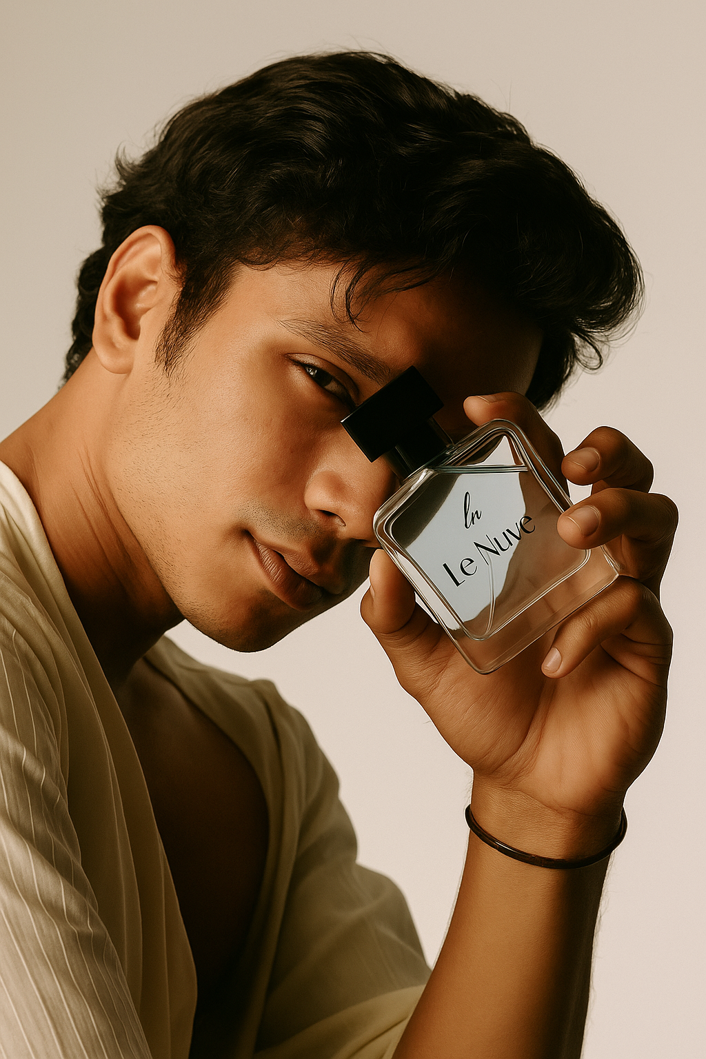 Hand holding Le Nuvé perfume bottle – luxury minimal product shot